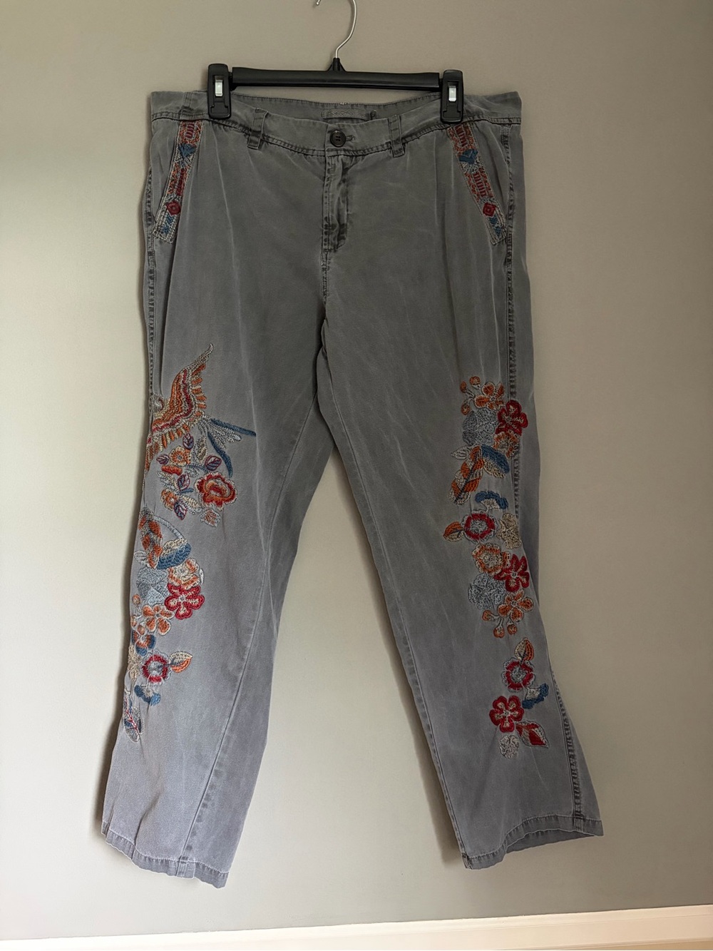 Love Johnny Was Pants Floral Embroidered Gray Cotton Large Boho Straight Leg